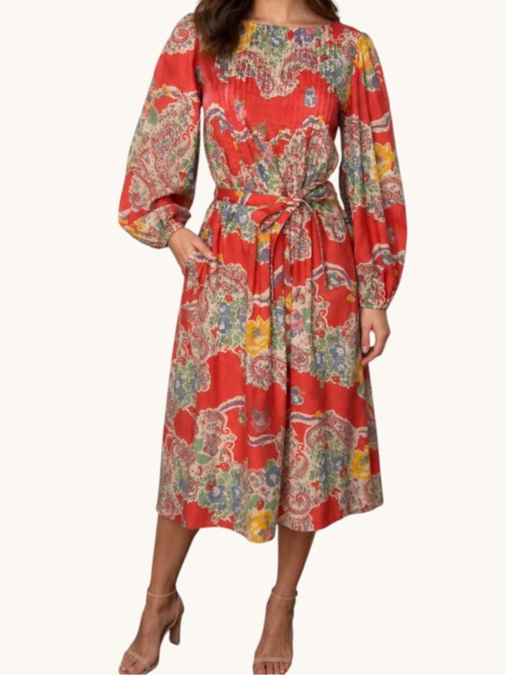 1970s Vintage Albert Nipon Long Sleeve Tie Waist Paisley Midi Dress